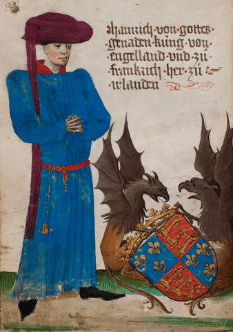 Manuscript depiction of Henry VI c. 1457 Georg von Ehingen - https://digital.wlb-stuttgart.de/index.php?id=6&tx_dlf%5Bid%5D=17735&tx_dlf%5Bpage%5D=1 Portrait of Henry VI in the journal of Swabian knight Georg von Ehingen