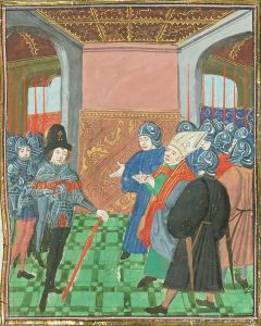 Edmund Beaufort, Duke of Somerset negotiating with envoys at Rouen during the Hundred Years' War. Illuminated miniature from the Chronique of Jean Chartier of Bruges
