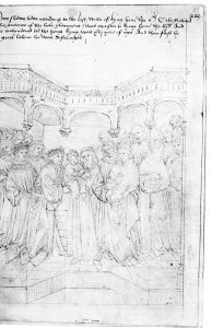 Henry VI upon his accession, shown being placed in the care of the Earl of Warwick