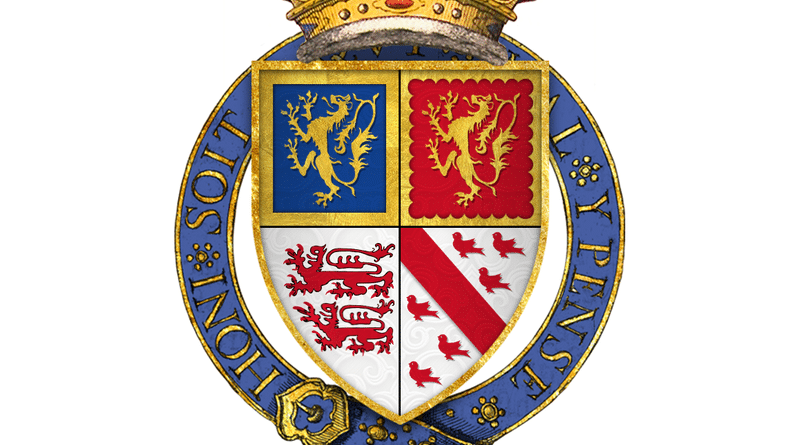 Sir John Talbot, 2nd Earl of Shrewsbury, KG HOPE, W. H. St. John, The Stall Plates of the Knights of the Order of the Garter 1348 – 1485: A Series of Ninety Full-Sized Coloured Facsimiles with Descriptive Notes and Historical Introductions, Westminster: Archibald Constable and Company LTD, 1901. “ Sir John Talbot, Earl of Shrewsbury and Waterford, K.G. 1424-1453… the shield of arms, which is quarterly: 1, azure a lion and a bordure gold (for Talbot); 2, gules a lion and a bordure engrailed gold (for Talbot); 3, silver two lions passant gules (for Strange); 4, silver a bend and six martlets gules (for Furnivall)... ” Talbot's stall plate remains intact within the twenty-second stall, on the Prince's side of the chapel.