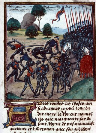 Edward IV raises his gauntlet in victory, as Henry VI's son, the Prince of Wales, is brought to him at the end of the battle of Tewkesbury