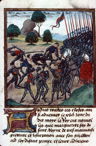 Edward IV raises his gauntlet in victory, as Henry VI's son, the Prince of Wales, is brought to him at the end of the battle of Tewkesbury