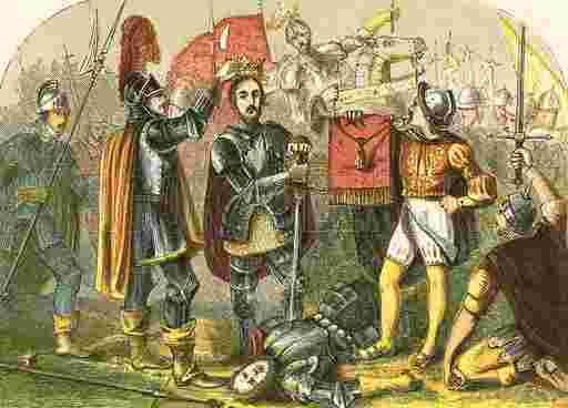Henry Tudor being crowned King Henry VII after the Battle of Bosworth
