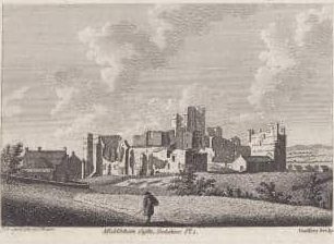 'Middleham Castle, Yorkshire. Pl 1. Pub: 1 April 1785 by S. Hooper Godfrey Sculp.