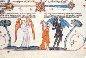 Detail of a bas-de-page scene of the Virgin Mary taking a soul from the devil; an angel stands on the left. Image taken from f. 266 of Decretals of Gregory IX with glossa ordinaria (the 'Smithfield Decretals'). Written in Latin.