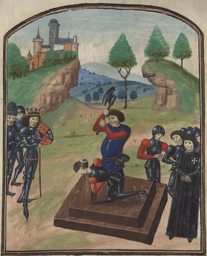 Beheading of the Edmund Beaufort, 4th Duke of Somerset in 1471 at Tewkesbury. Edward IV watches. Illuminated miniature from Histoire de la rentrée victorieuse du roi Edouard IV en son royaume d'Angleterre