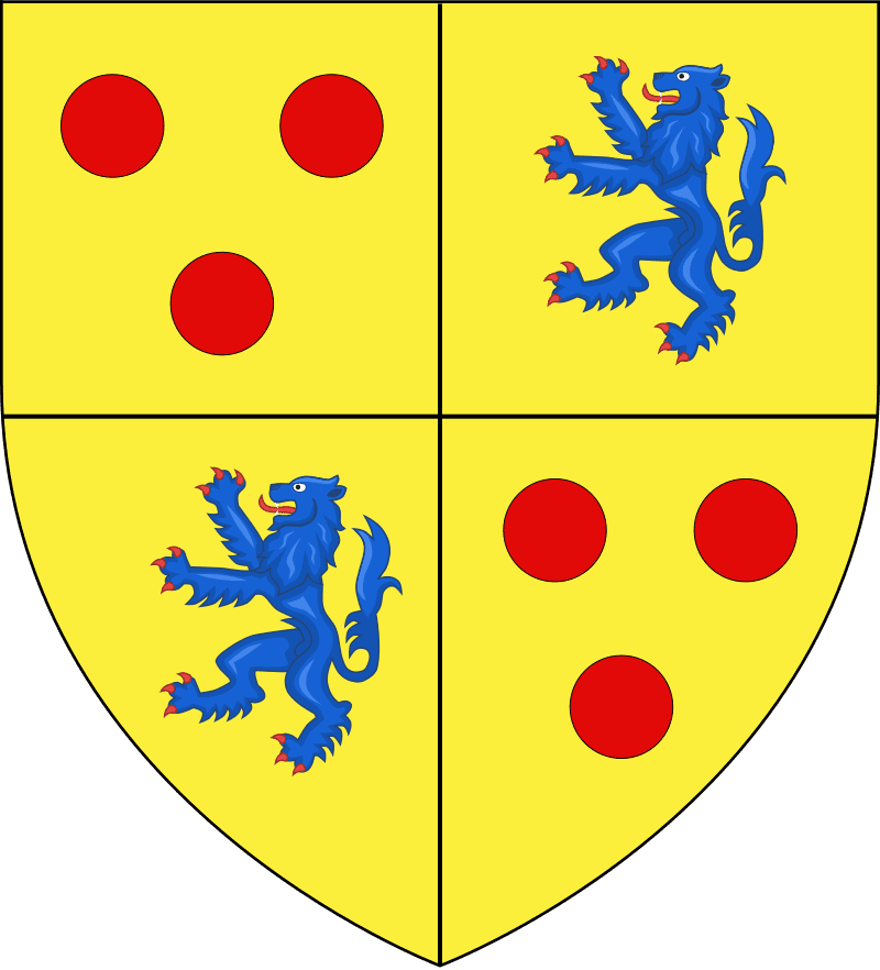 Arms of Thomas de Courtenay, The Earl of Devon: Arms: Quarterly, 1st and 4th, azure label or three torteaux (for Courtenay); 2nd and 3rd, or a lion rampant azure (for Redvers)