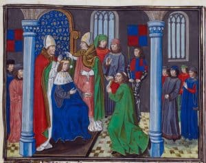 Detail of a miniature of the coronation of Henry IV of England, at the beginning of chapter 78. Image taken from f. 404 of Chroniques. Written in French.