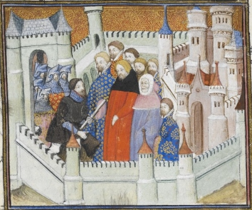 Richard II meets Henry Bolingbroke at Flint Castle, from La Prinse et mort du roy Richart (Paris, 1401-1420), Harley MS 1319, f. 50r