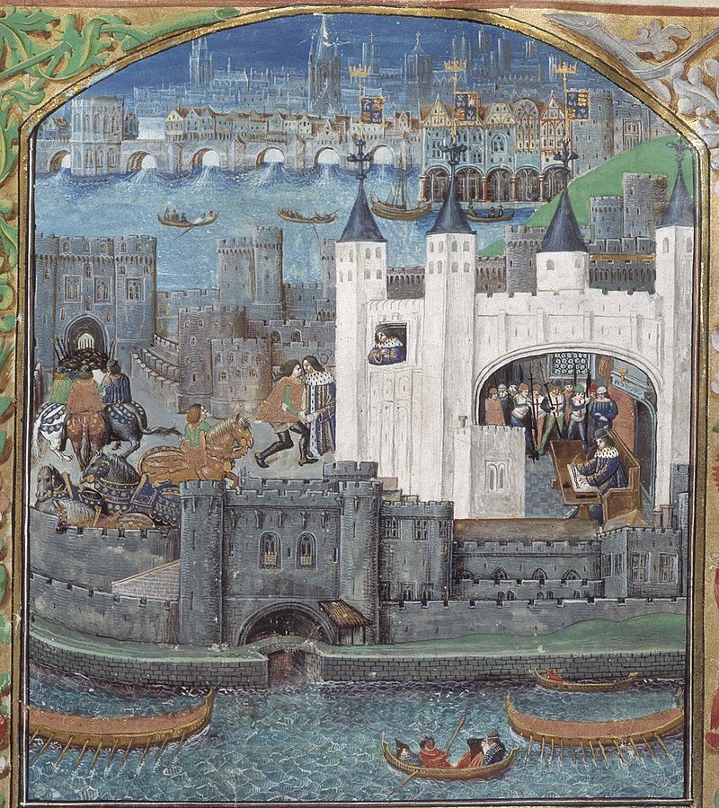 Tower of London from a 15th-century manuscript. British Library, MS Royal, 16 folio 73