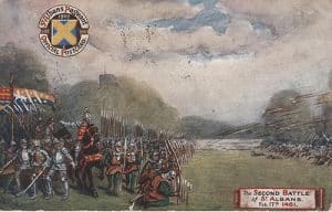 Depiction of the Second Battle of St. Albans as shown in a postcard produced for the 1907 St Albans Pageant.