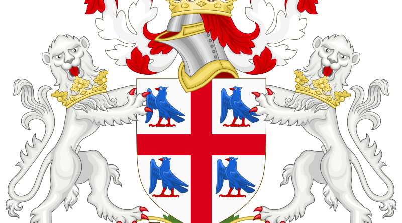 Coat of Arms of the College of Arms; or the Herald's College is a heraldic authority, with jurisdiction over England, Wales, Northern Ireland and in some Commonwealth realms.The arms was created either in 1484, when the College was incorporated by King Richard III or in 1555 when it was reincorporated under Queen Mary I and King Philip. “ Blazon: Argent, a cross Gules (Cross of St. George) between four doves, the dexter wing of each expanded and inverted Azure; for a crest on a ducal coronet Or, a dove rising Azure; Two lions rampant guardant argent, ducally gorged or; for a motto DILIGENT AND SECRET. ”