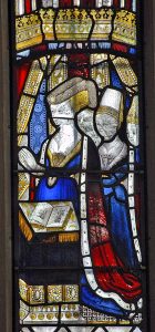 Elizabeth and three of her daughters in the stained glass at Little Malvern Priory