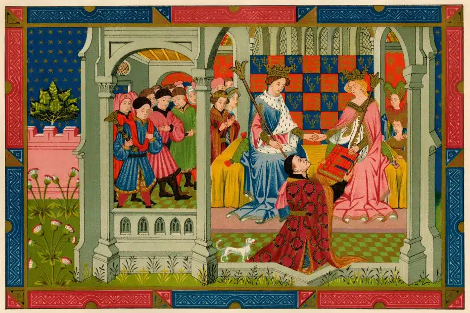 Henry VI and his queen, Margaret of Anjou, receive a book from John Talbot, Earl of Shrewsbury