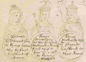 Drawing of Anne Neville and her two husbands from the Beauchamp Pageant, c. 1483-1494