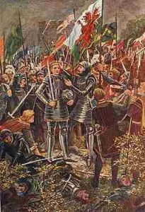 Battle of Bosworth Field. Illustrations and photographs of places and events in Welsh history from a childrens book called 'Flame Bearers of Welsh History'.